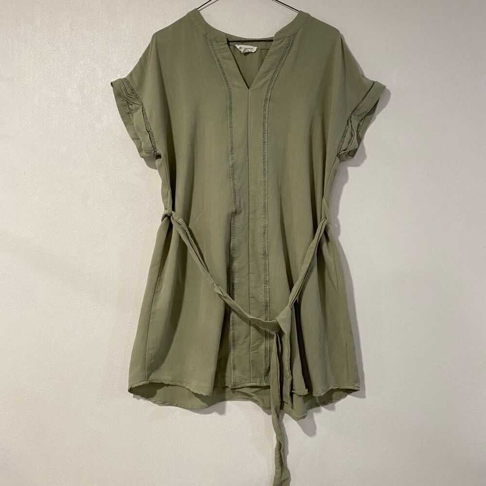 Blu Pepper Olive Green Tie Waist Blouse Size L Boho Short Sleeve Top
